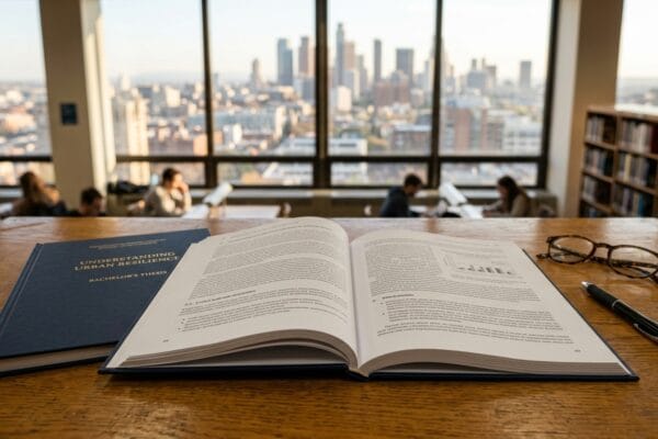 Oprawiona praca licencjacka na biurku w bibliotece uczelnianej w Warszawie