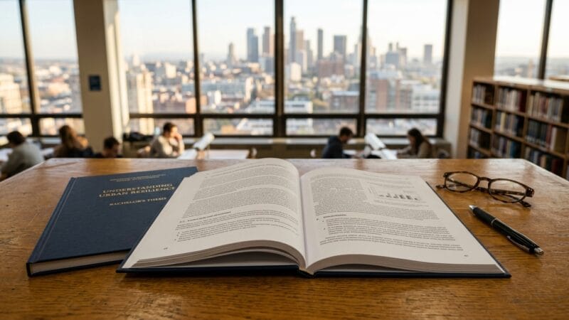 Oprawiona praca licencjacka na biurku w bibliotece uczelnianej w Warszawie