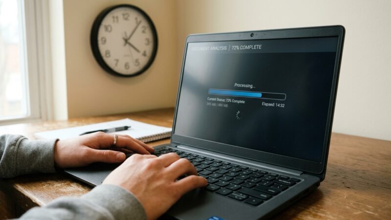 Ekran laptopa z paskiem postępu sprawdzania pracy i zegar w tle